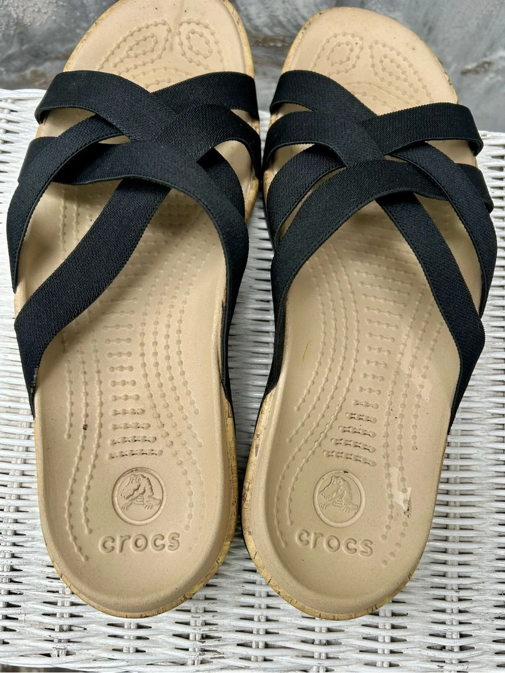 CROCS Women's Black Strappy Sandal with Beige Footbed